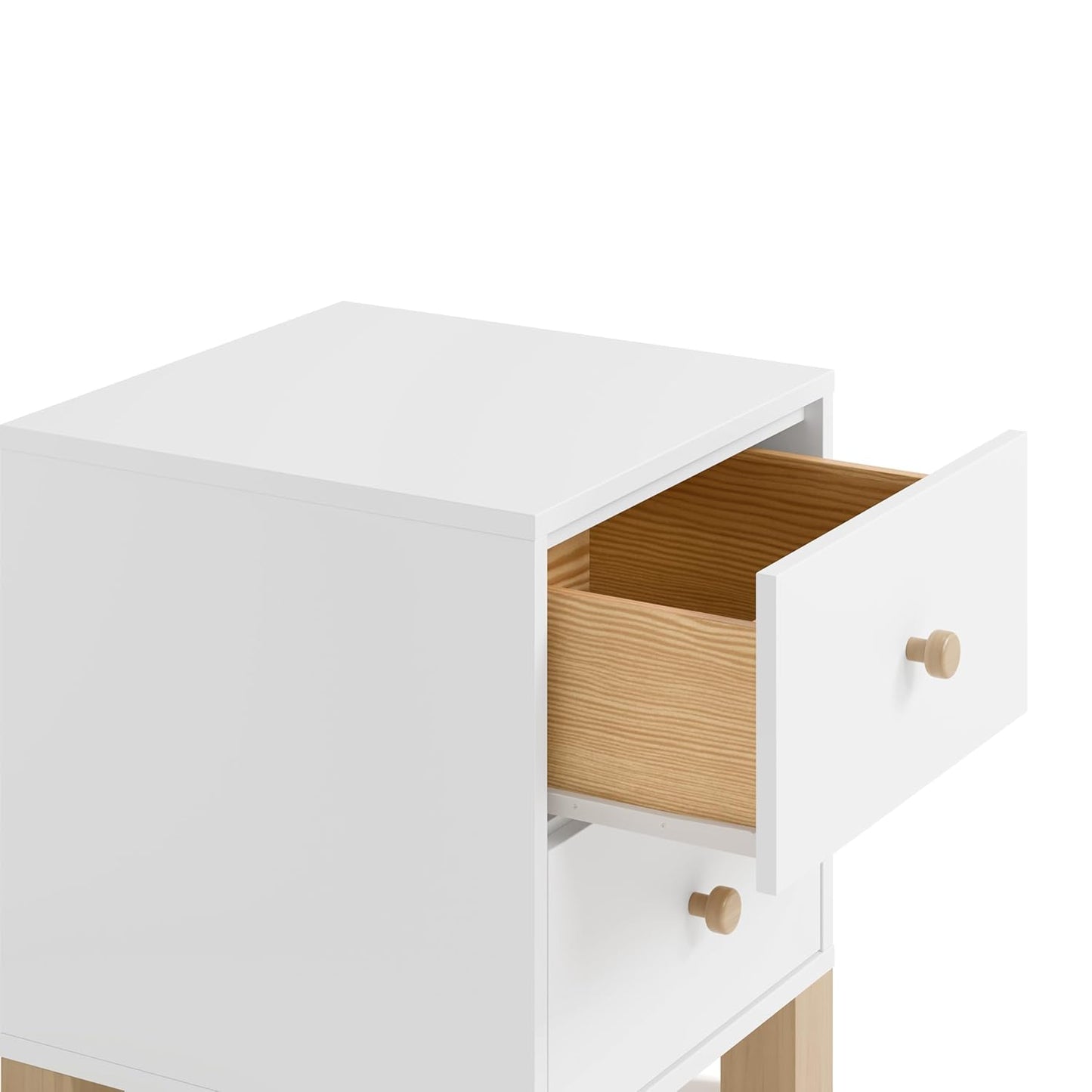 Storkcraft California 2 Drawer Nightstand (White with Driftwood) - GREENGUARD Gold Certified Nightstand for Kids Bedroom, Premium Wood Storage with Elegant, Iconic Block Feet