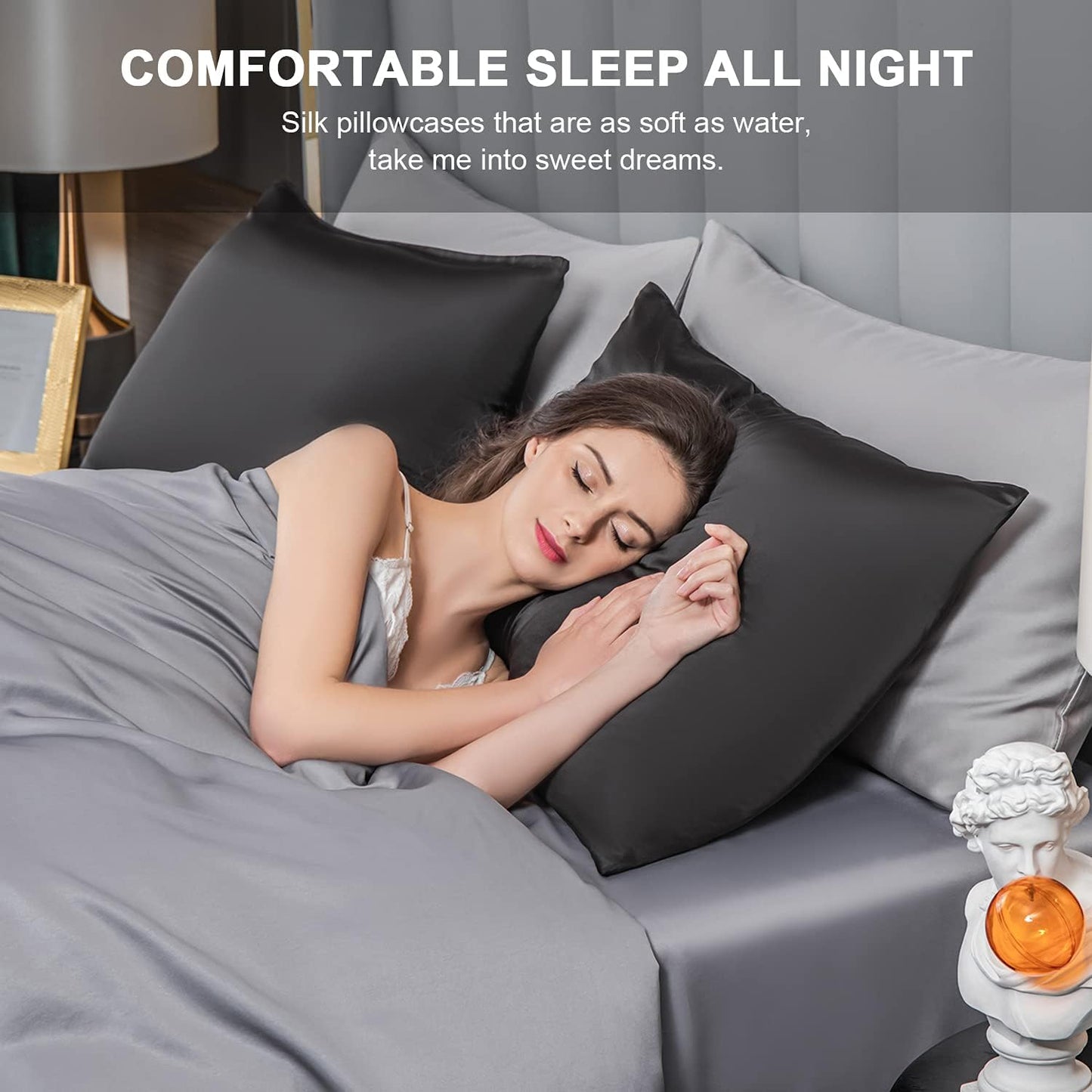 Mulberry Silk Pillowcase for Hair and Skin,Standard Size Cooling Silk Pillow Case with Hidden Zipper,Allergen Proof Dual Sides Soft Breathable Smooth Silk Pillow Cover for Women(Standard,Black)