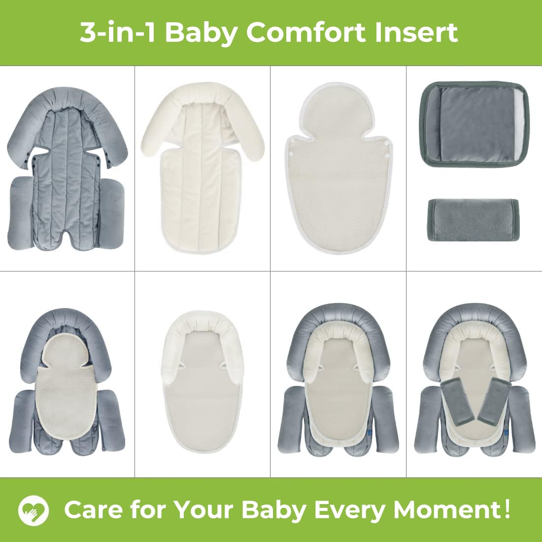 COOLBEBE Upgraded 3-in-1 Babybody Support & Strap Covers Set for Newborn Infant - Extra Soft Car Seat Insert Cushion Pad, Perfect for Carseats, Strollers, Swing
