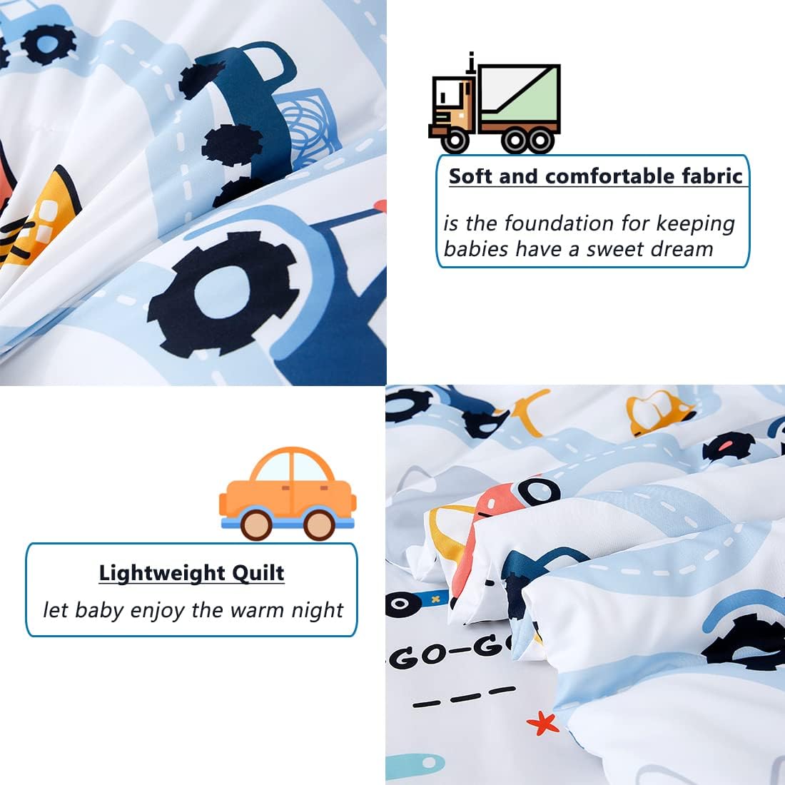 PERFEMET Comforter Set for Twin Bed Reversible Cars Pattern Bedding Set Soft Microfiber Bed in a Bag for Kids Boys Teens All Season Use(White, Twin)