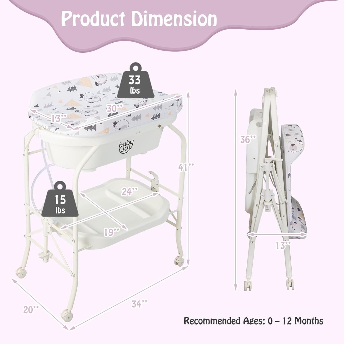 BABY JOY Baby Bathtub with Changing Table, Foldable Infant Diaper Changing Station with Storage Tray, Waterproof Pad, Portable Newborn Nursery Organizer Bath Stand with 4 Universal Wheels (White)