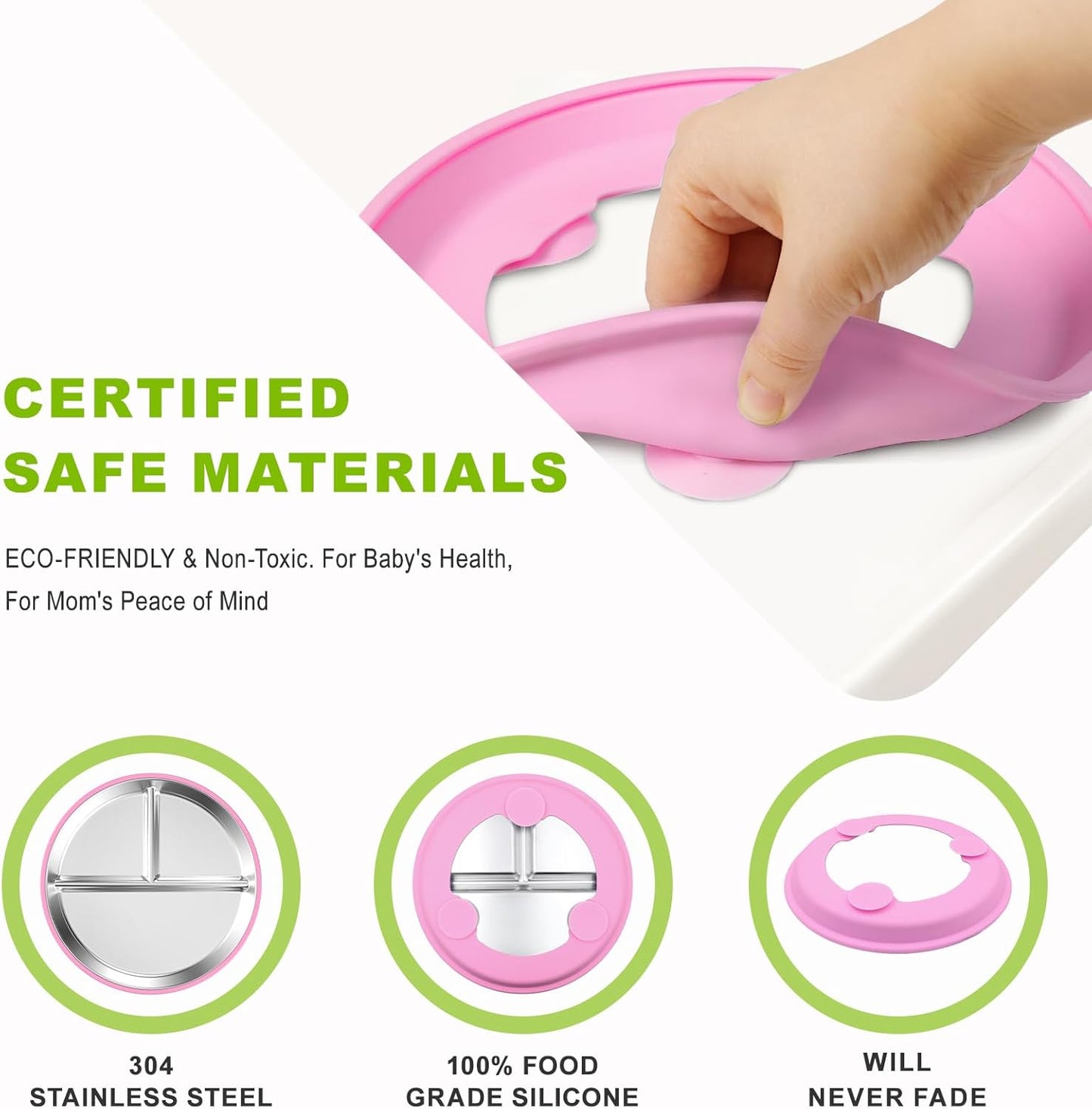 3-Pack Stainless Steel Baby Plates with Suction, BPA-Free Stainless Steel Kids Plates, 9” Divided Toddler Plate for Dishwasher Safe, Non-Slip Silicone Base, Detachable Design (Blue, Pink, Beige)