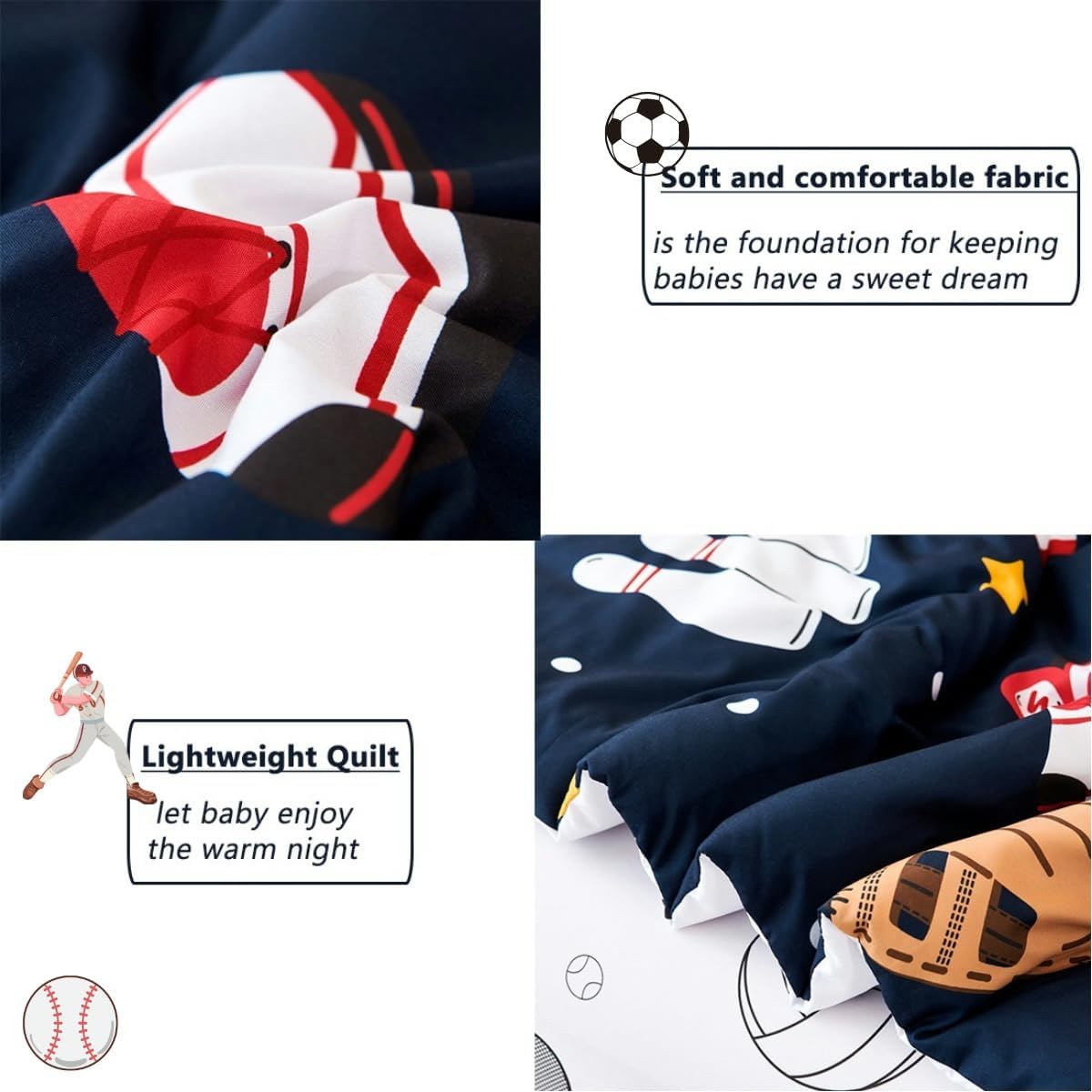 PERFEMET 4 Pieces Sports Toddler Bedding Sets for Boys Reversible Baseball Football Toddler Bed Set with Sheets Soft Fluffy Navy Blue Sport Kids Bed in a Bag for Bedroom(Sport, Toddler)