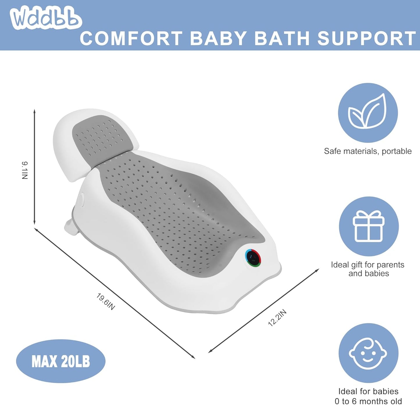 Baby Bath Support,Ideal for Babies Less Than 6 Months Old,with Thermometer-Adjustable Slope Newborn Bathtub, Baby tubs for Baby tubs for Newborn Essentials Must Haves (Gray)