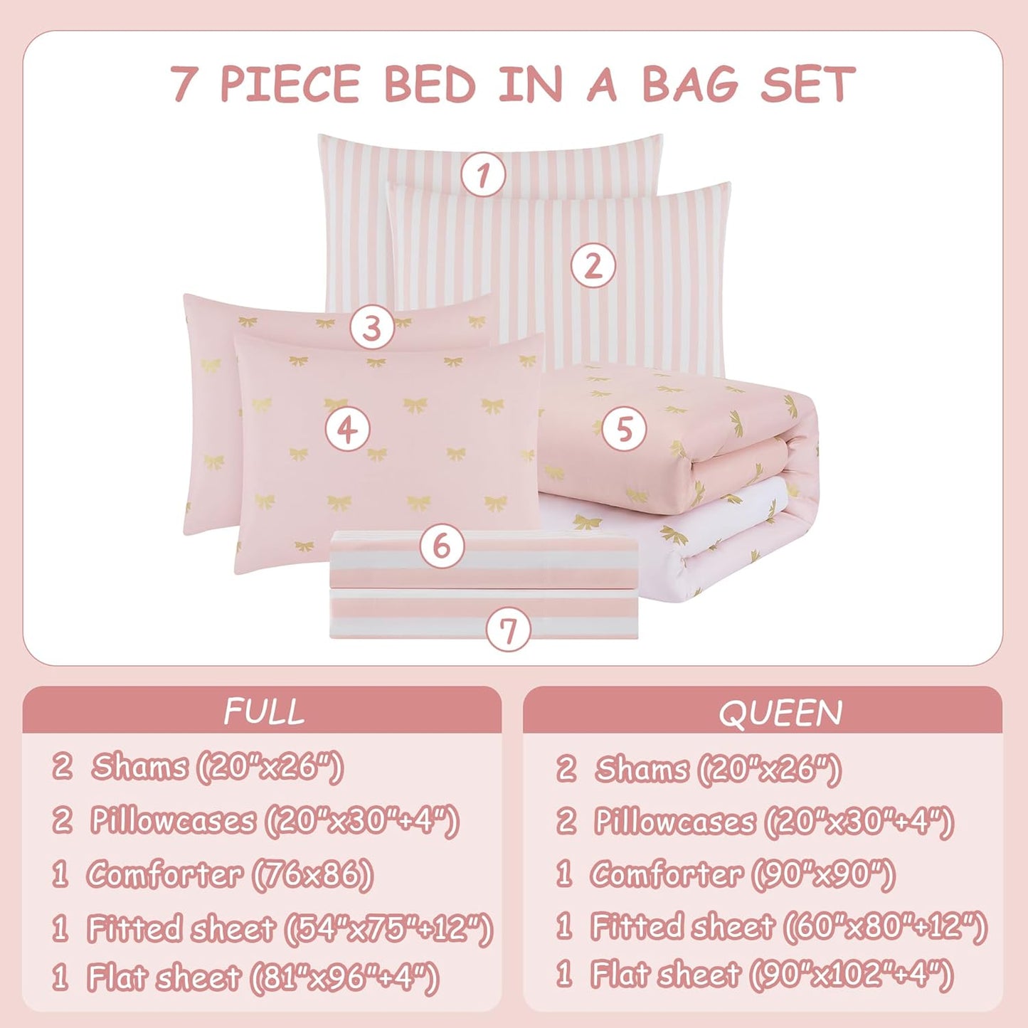 Full Size Comforter Sets with Sheets for Girls-7 Pieces Full Size Bedding Sets with Pink Comforter, Sheets, Pillowcases & Shams for Kids (Pink Gold Bow, 76" X 86")