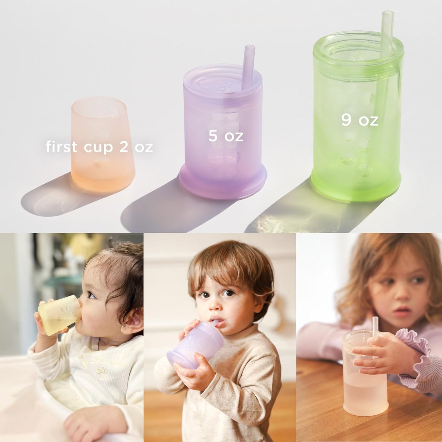Olababy First Cup | Clear Sense 100% Silicone Infant Trainer Cup | 2oz Medicine Cup for Newborn | Non-Slip & Sloping Design for Tiny Hands & Baby Led Weaning (Kiwi/Blueberry, 2 Cups)