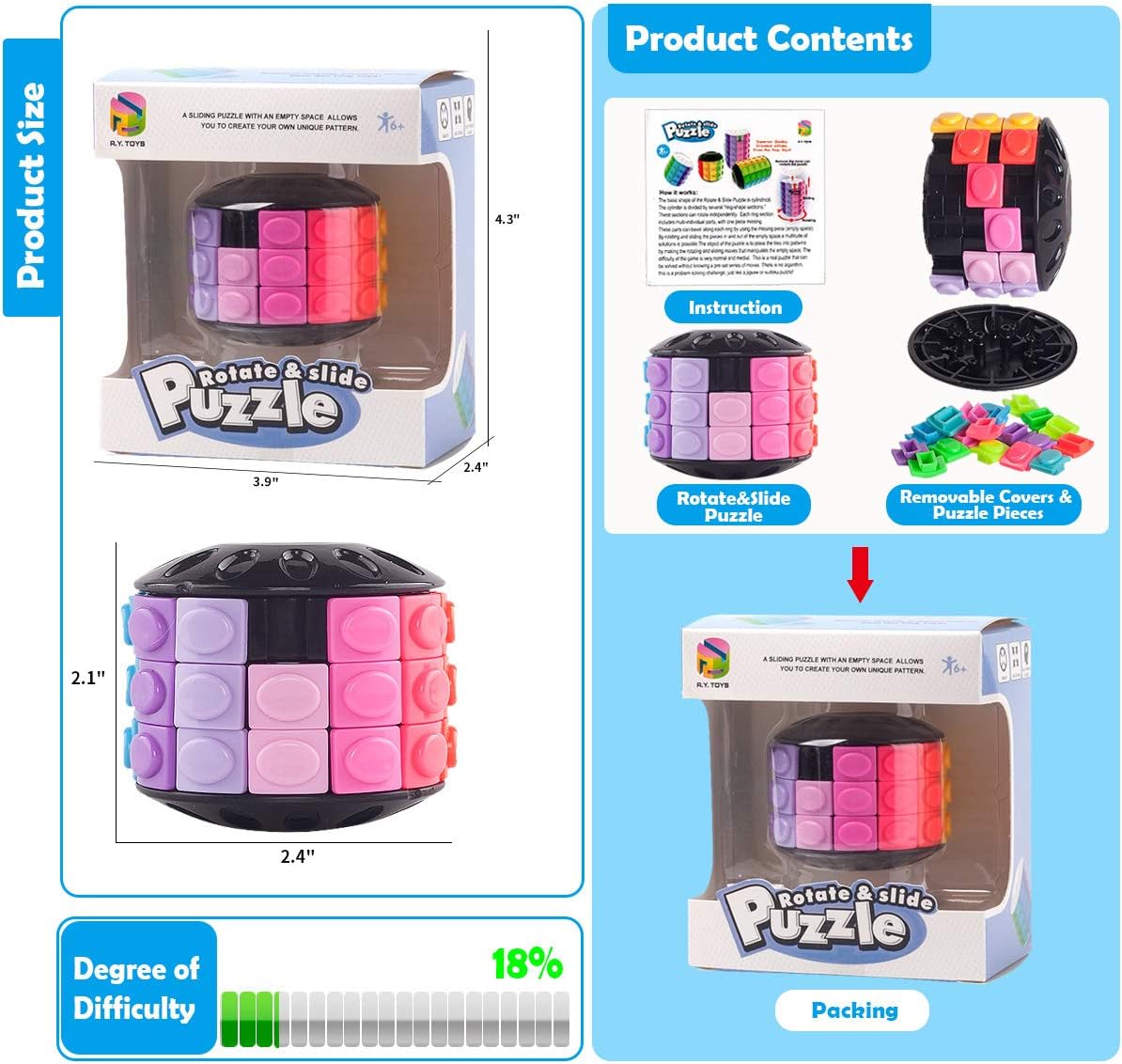 R.Y.TOYS Rotate and Slide Puzzle-Design Patent,Fidget Toys(Restore Order/Create Patterns) 12 Colors,3 Layers-Open Cover for Quick Play,Brain Teaser,Sensory Toys,Birthday Gifts,Easter Basket Stuffers