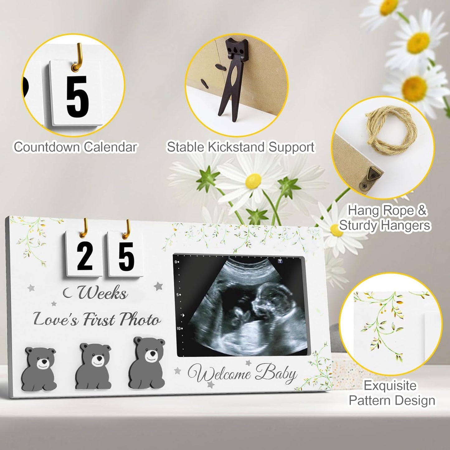 Ultrasound Picture Frames with Countdown Weeks, Baby Sonogram Picture Frame with Plant Prints for Standard 4" x 3" Love's First Ultrasound Photo, Pregnancy Announcement, Gender Reveal Baby-Shower Gift