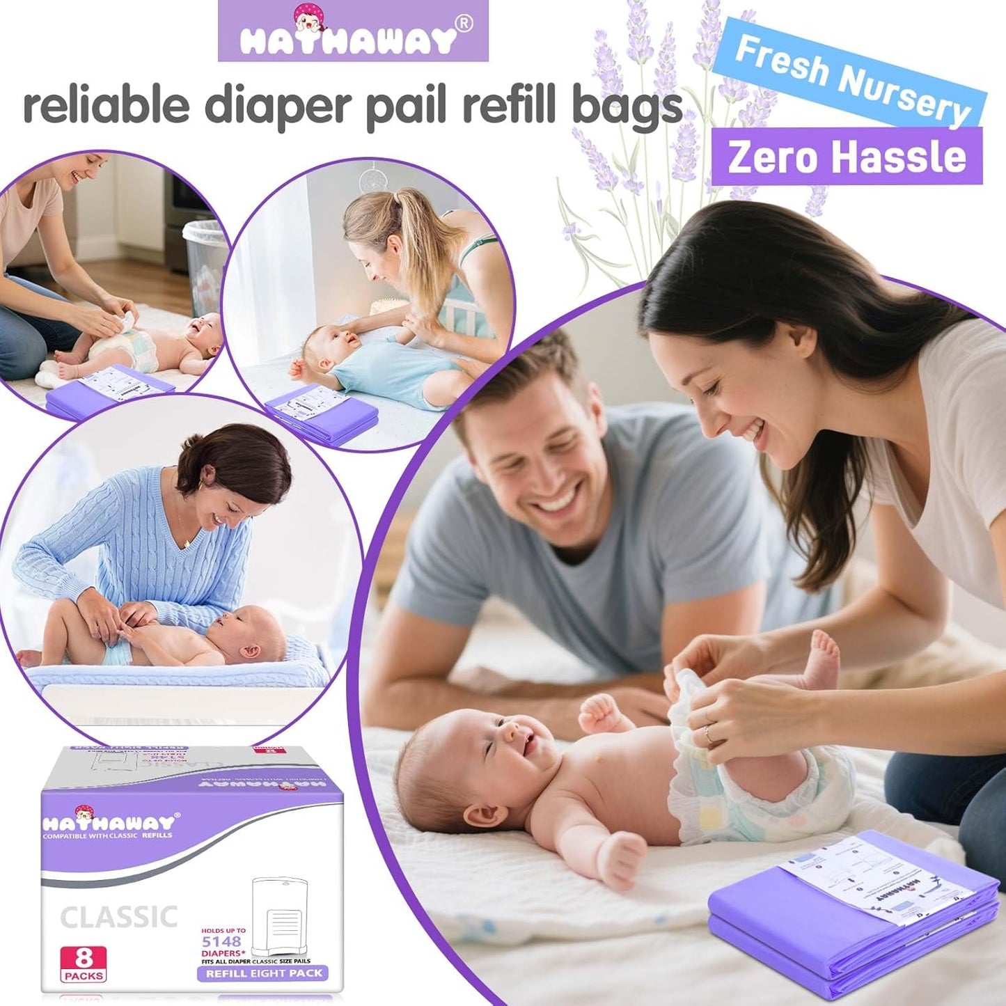 Refills Compatible with Dekor Classic, 30% Extra Length Diaper Pail Refills 8 Pack Diaper Pail Liners Lavender Scent