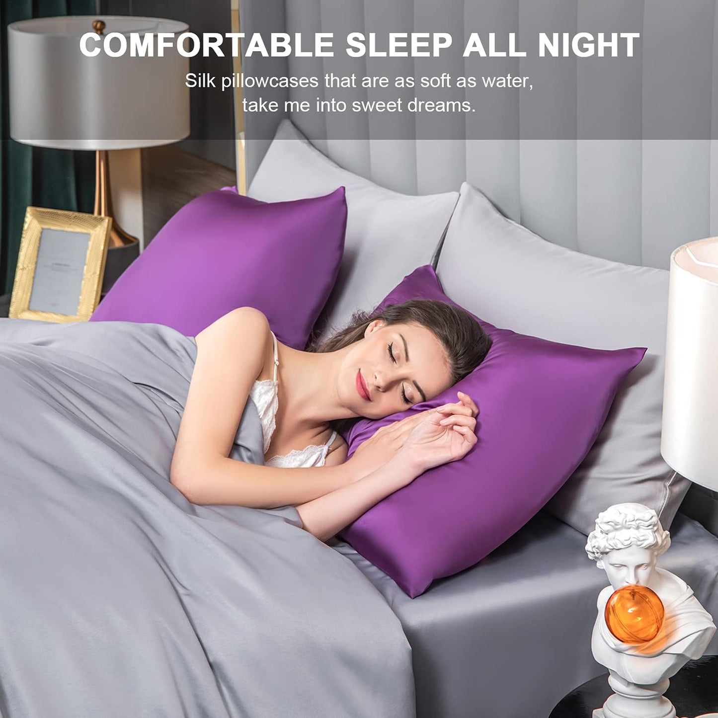 Mulberry Silk Pillowcase for Hair and Skin,Standard Size Cooling Silk Pillow Case with Hidden Zipper,Allergen Proof Dual Sides Soft Breathable Smooth Silk Pillow Cover for Women(Standard,Purple)