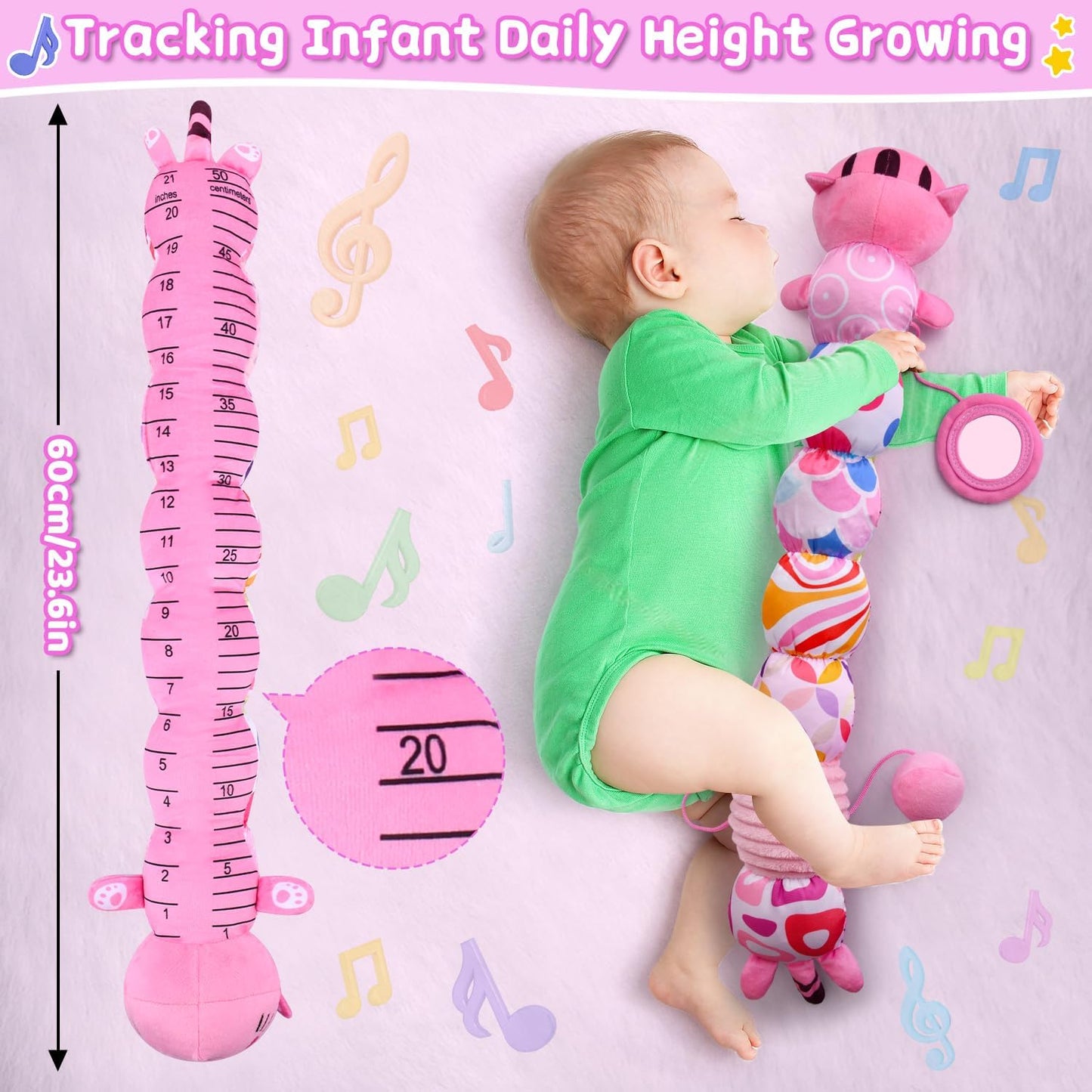 Baby Toys 0 to 12 Months, Stuffed Animal Infant Tummy Time Toys Sensory Toys with Crinkle Rattles Textures and Mirror Gifts for Newborn Boys Girls, Cat Caterpillar Musical Toys (Pink)