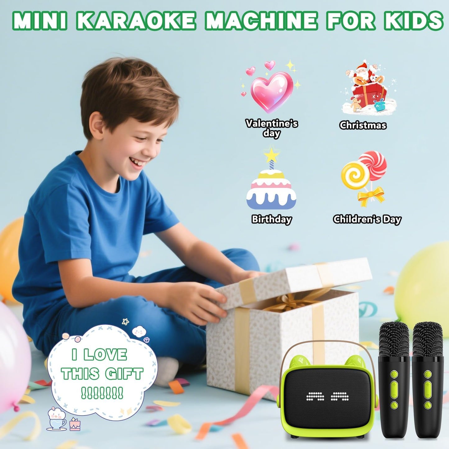 Mgaolo Upgraded Mini Karaoke Machine Toy for Kids, Portable Bluetooth Speaker with 2 Wireless Mics, Emoji & Colorful LED Lights, Home Travel & Party Play Gifts for Boys Girls (Green)