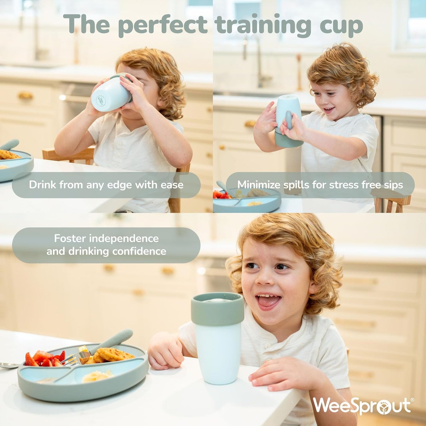 WeeSprout Baby Training Cup - Silicone Sippy Cup with Removable Handles for Weaning Off Bottle - Transition Spill-Proof Toddler Cups - No-Spill Design (Pastel Pink/Hot Pink/Light Gray)