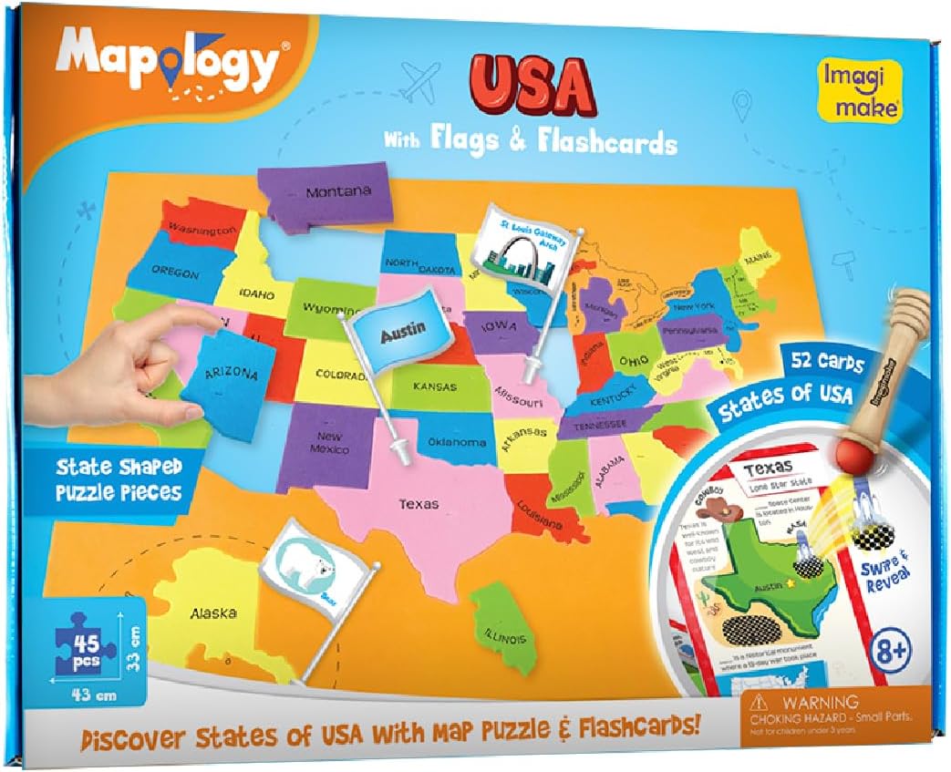 Imagimake Mapology United States Flash Card Puzzle with Flags, Country- Capitals | Educational Toys for Kids Ages 5-8 | Learn Geography Puzzles for kids Ages 8-10 | Christmas Gift for Boys & Girls