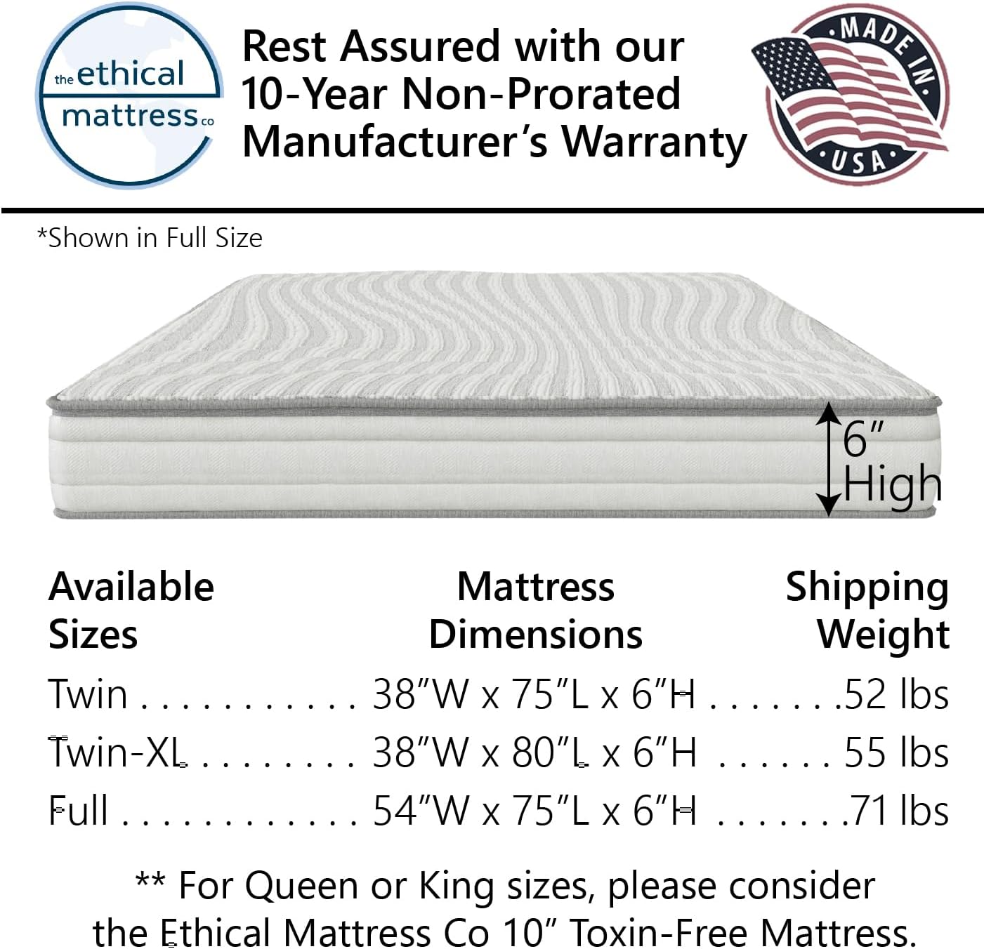 ETHICAL MATTRESS CO 6" Kid’s Mattress, Toxin-Free, Made in the USA with Organic Cotton, Wool, Latex & Pocketed Coils (Mattress-in-a-Box); perfect for bunk beds, trundles & platform beds - Twin XL size