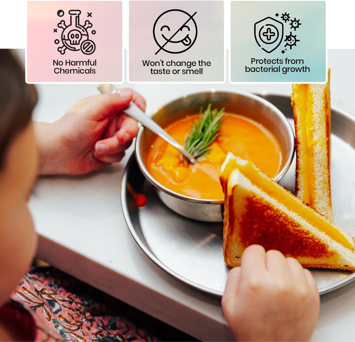 Children's 304 18/8 Stainless Steel Dinnerware Set | 1 Plate (21 cm) and 1 Bowl (10 ounces) | Matte Finish | 100% BPA Free | Non-Toxic | Dishwasher Safe