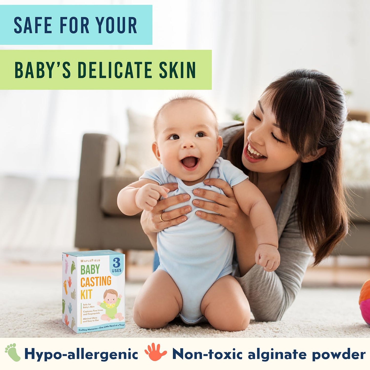 Maplefield 3D Baby Casting Kit - Safe and Easy to Use - DIY Mess-Free Hand and Feet Molding Kit - 3 Packs of Mixing and Setting Powder - Family Keepsake and Thoughtful Baby Gift - Hand Casting