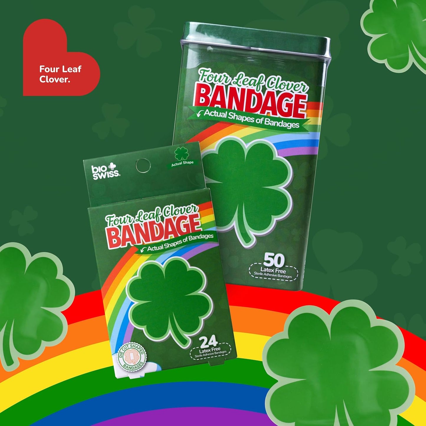 BioSwiss Bandages, 4 Leaf Clover Shaped Self Adhesive Bandage, Latex Free Wound Care, Fun First Aid Kit Supplies for Kids and Adults, 24 Count