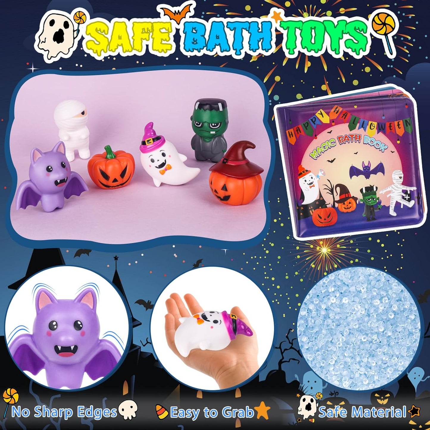Halloween Light Up Bath Toys for Toddlers Kids, No Hole Bath Toys with Halloween Bath Book, LED Light Bath Time Water Toys for Bath Tubs Bathroom, Halloween Toys & Gift for Toddlers Kids Baby Shower