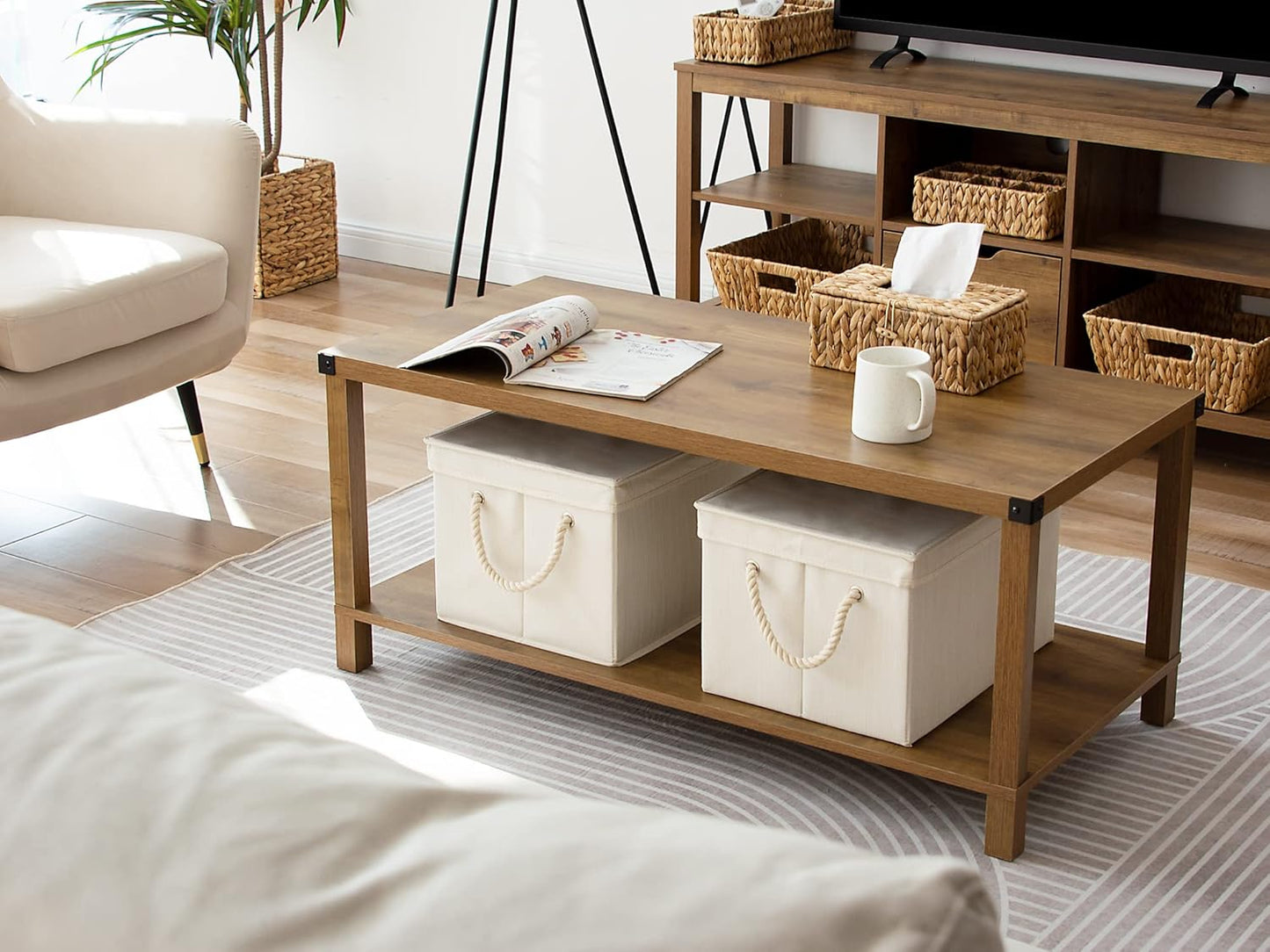 StorageWorks Storage Bins with Lids, Decorative Storage Boxes with Lid and Soft Rope Handles, Foldable Storage Baskets for Closet, Shelves, Stackable, Ivory and White, Jumbo, 3-Pack