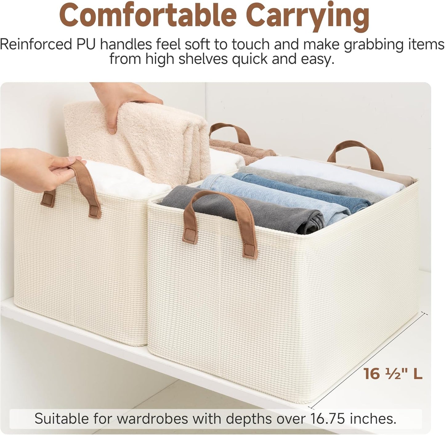 StorageWorks Storage Bins, Shelves Baskets for Organizing, Large Fabric Closet Organizers with Handles, Metal Frame, Beige(Texture), 2-Pack