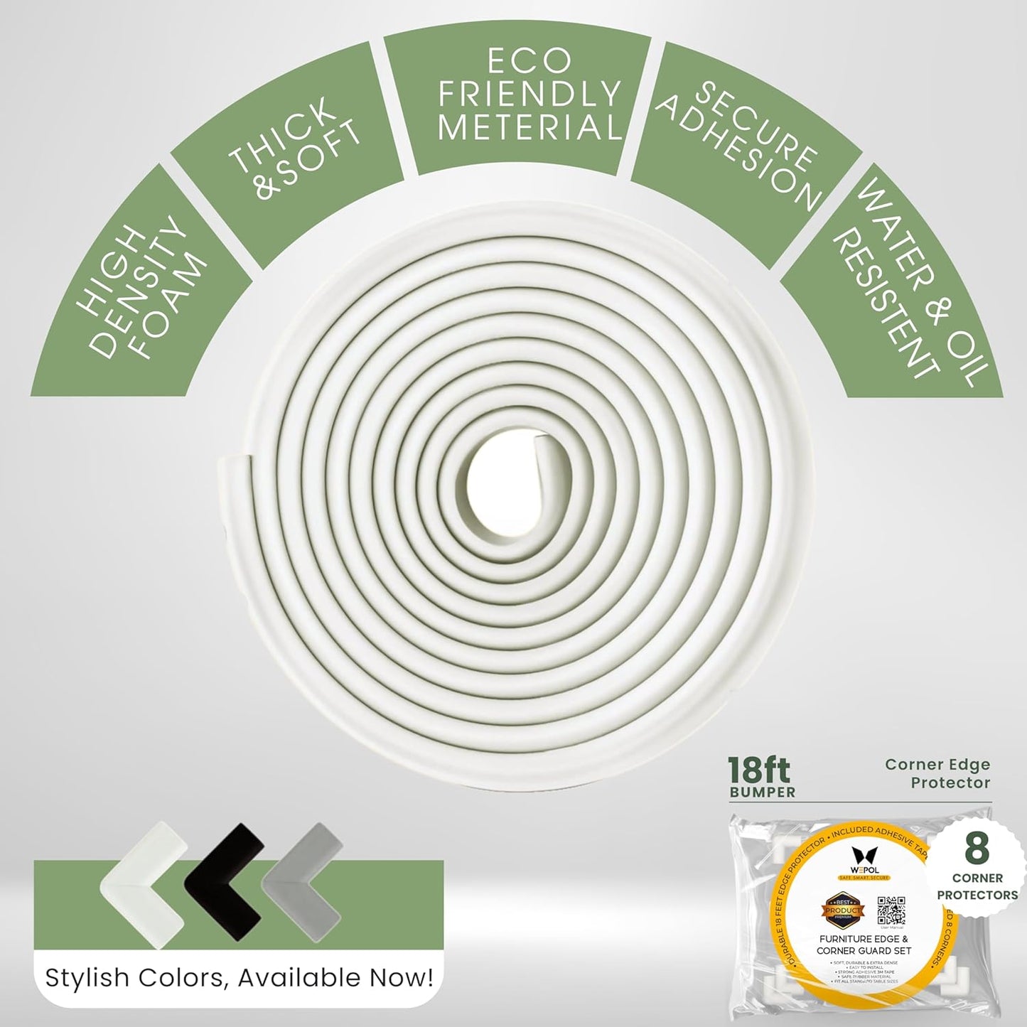 Table Edge Protector for Baby Proofing (18ft Edge+8 Corners) Baby Proof Corners and Edges Guard, Soft NBR Rubber Foam 3M Adhesive, Furniture Corner & Edge Safety Bumpers for Table & Fireplace-White
