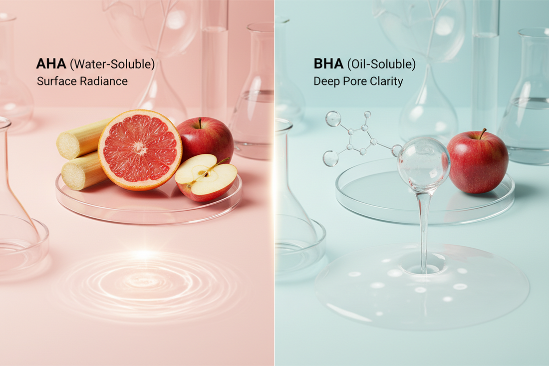 AHA vs BHA chemical exfoliants comparison showing water-soluble alpha hydroxy acids and oil-soluble beta hydroxy acids for different skin types