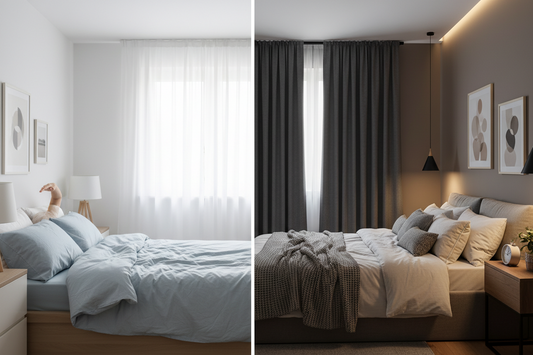 Before and after room transformation showing the dramatic impact of premium blackout curtains - left side displays a bright room with standard curtains 