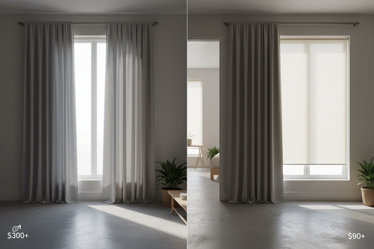 Side-by-side comparison of blackout curtains and roller blinds on bedroom windows showing budget-friendly window treatment options for light blocking and privacy