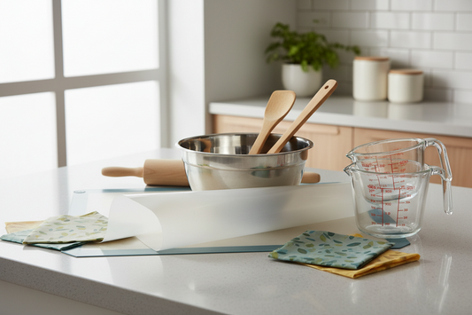 Sustainable baking tools including bamboo utensils and silicone mats on kitchen counter