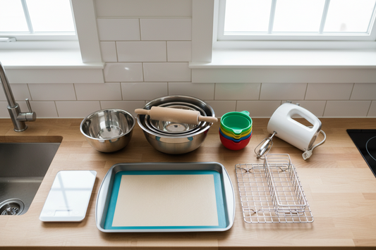 Essential baking tools organized on small apartment kitchen counter for space-efficient baking