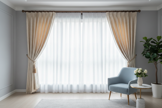 Elegant double-layer window treatment showing white sheer curtains and blackout curtains hung on a double rod system, demonstrating maximum light control flexibility in a modern bedroom