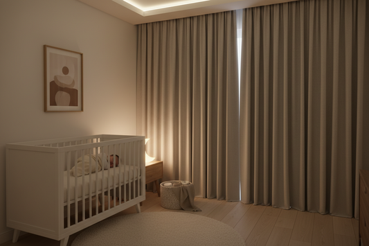 Premium blackout curtains in modern nursery with white crib creating optimal sleep environment for baby transitioning from bassinet