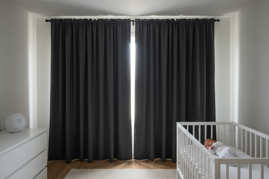Serene nursery room with premium blackout curtains creating a dark sleep environment for newborn baby in white crib, demonstrating ideal conditions for infant circadian rhythm developmen