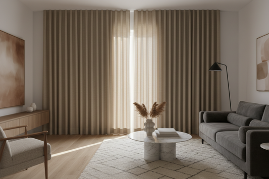 Elegant blackout curtains in a modern living room showcasing energy efficiency, UV protection, and premium style for home comfort and privacy