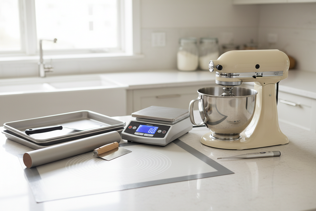 Professional baking tools including digital scale, stand mixer, and thermometer on kitchen counter
