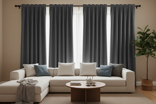 Modern apartment living room featuring floor-to-ceiling charcoal gray blackout curtains installed with tension rod, showing renter-friendly window treatment solution without wall damage