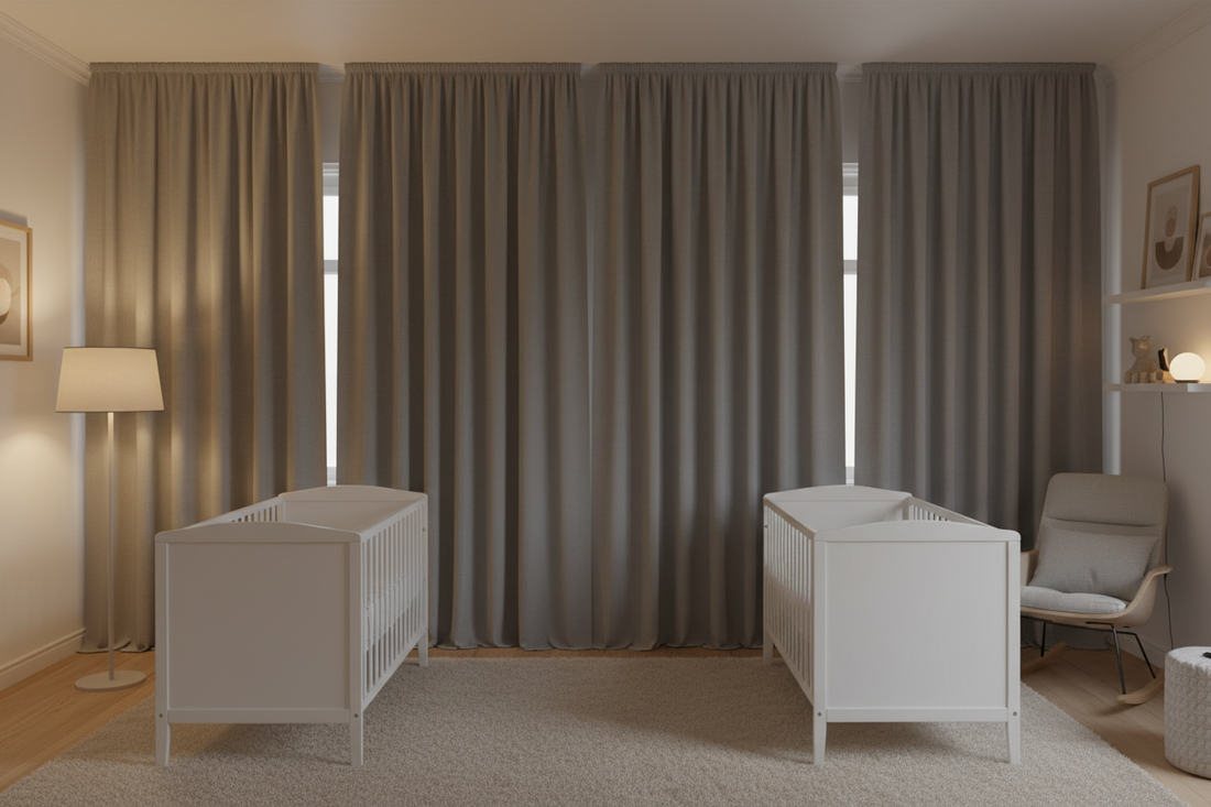 A serene twin nursery room featuring two white cribs side by side with premium blackout window treatments providing complete light blocking 