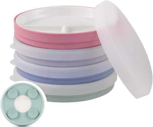 Elk and Friends Kids 7.8” Porcelain Divided Plates with Silicone Suction Sleeves + Lids | Suitable for Kids/Toddlers | Microwave & Dishwasher Safe | Non Slip | Snack Dishes | 4 Pack