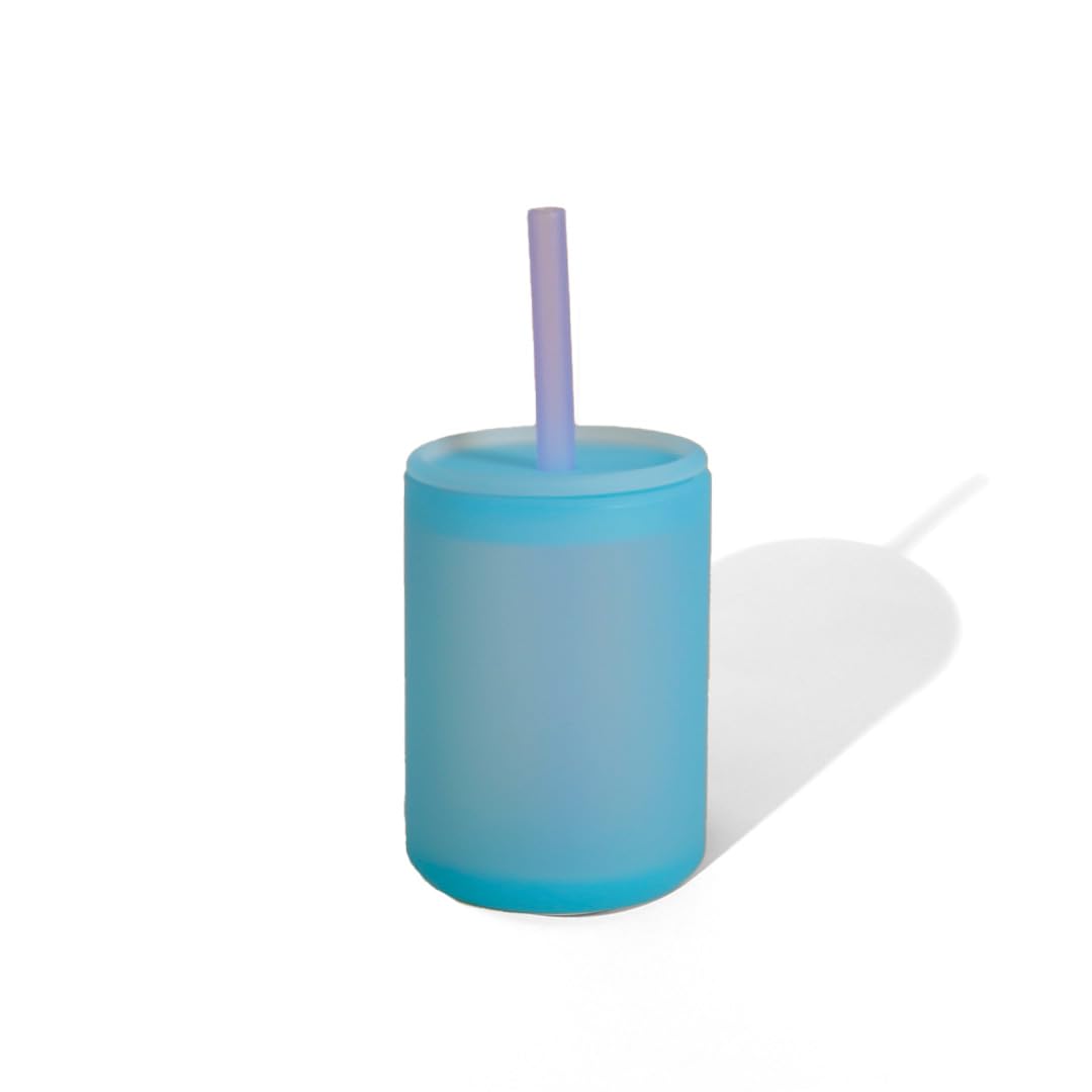 Avanchy Silicone Training Sippy Cup with Straw Lid – Tiny Cup for Babies 6+ Months to Toddlers 1 Year Old – 5 oz Infant Water Cup for Baby Led Weaning, See-Thru Blue