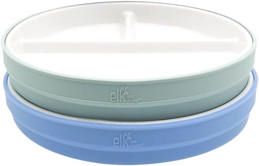 Elk and Friends Kids 7.8” Porcelain White Plates with Silicone Sleeves | Divided Plates | Suitable for Kids/Toddlers | Microwave & Dishwasher Safe | Non Slip | Snack Dishes…