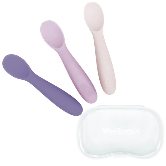 WeeSprout Baby Spoons for Self Feeding 6 Months +, Soft & Durable Silicone Utensils for Sensitive Gums & Teeth, Easy Grip Handles & Shorter Length for Little Hands, 3 Pack + Carrying Case