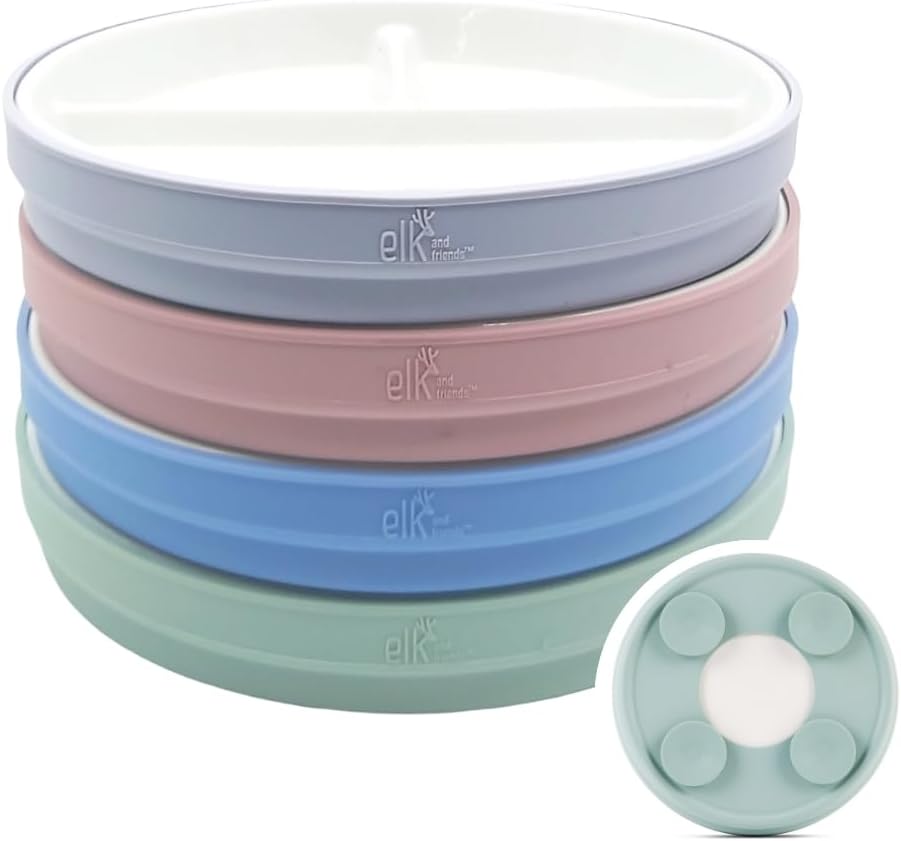 Elk and Friends Kids 7.8” Porcelain Divided Plates with Silicone Suction Sleeves | Suitable for Kids/Toddlers | Microwave & Dishwasher Safe | Non Slip | Snack Dishes | 4 Pack