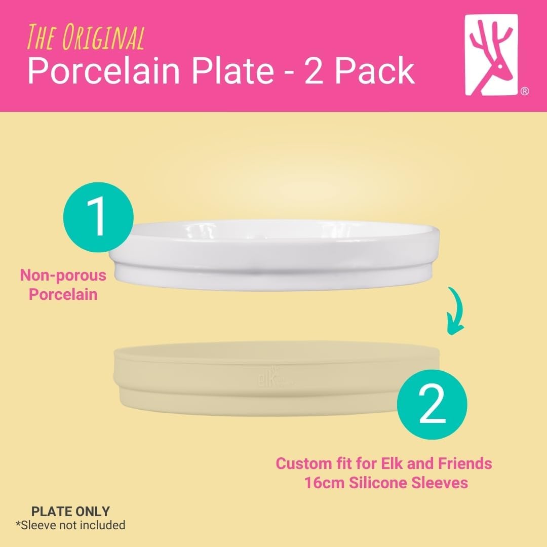 Elk and Friends Kids 6.7” Porcelain White Plates | Divided Plates | Suitable for Kids/Toddlers | Microwave & Dishwasher Safe | Non Slip | Snack Dishes | 2 Pack