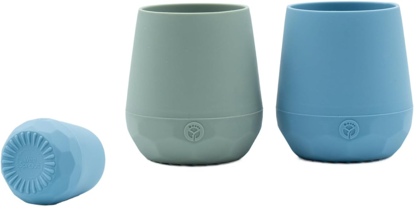 WeeSprout Silicone Baby Training Cups - Set of 2 Soft Silicone Cups - 2 oz Open Cup for Baby 6+ Months - Non-Slip Grip, Weighted Base - Gentle on Gums & Teeth (Matte Blue & Matte Green)