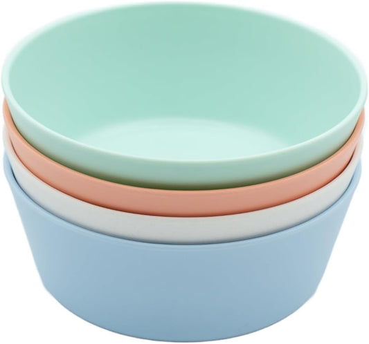 WeeSprout Bamboo Kids Bowls, Set of Four 10 oz Kid-Sized Bamboo Bowls, Dishwasher Safe Kid Bowls (Pastel Coral, Blue, Mint & Off White)