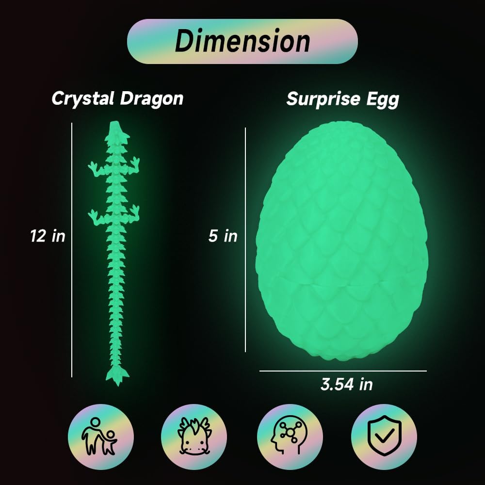 3D Printed Dragon Egg, Mystery Crystal Dragon Egg Fidget Toys Surprise, Articulated Crystal Dragon Eggs with Dragon Inside (Luminous Color)