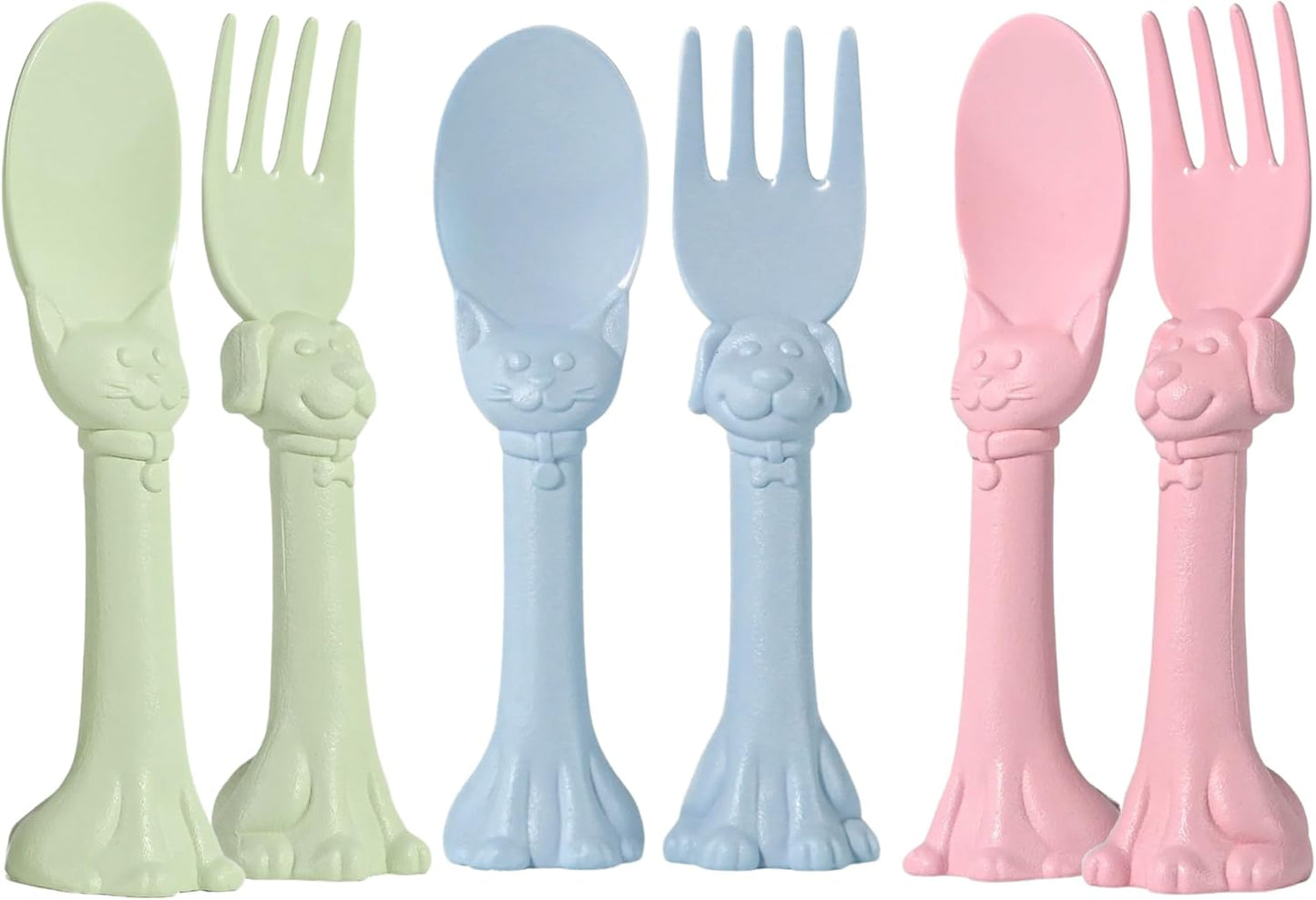 Made in USA Spoon la la Toddler Utensils Set - 6 Pack (3 Spoons & 3 Forks for Kids) - Self-Standing 3D Ergonomic Cat & Dog Handles - BPA-free, Dishwasher Safe, Baby Silverware (Blue, Pink, Mint)