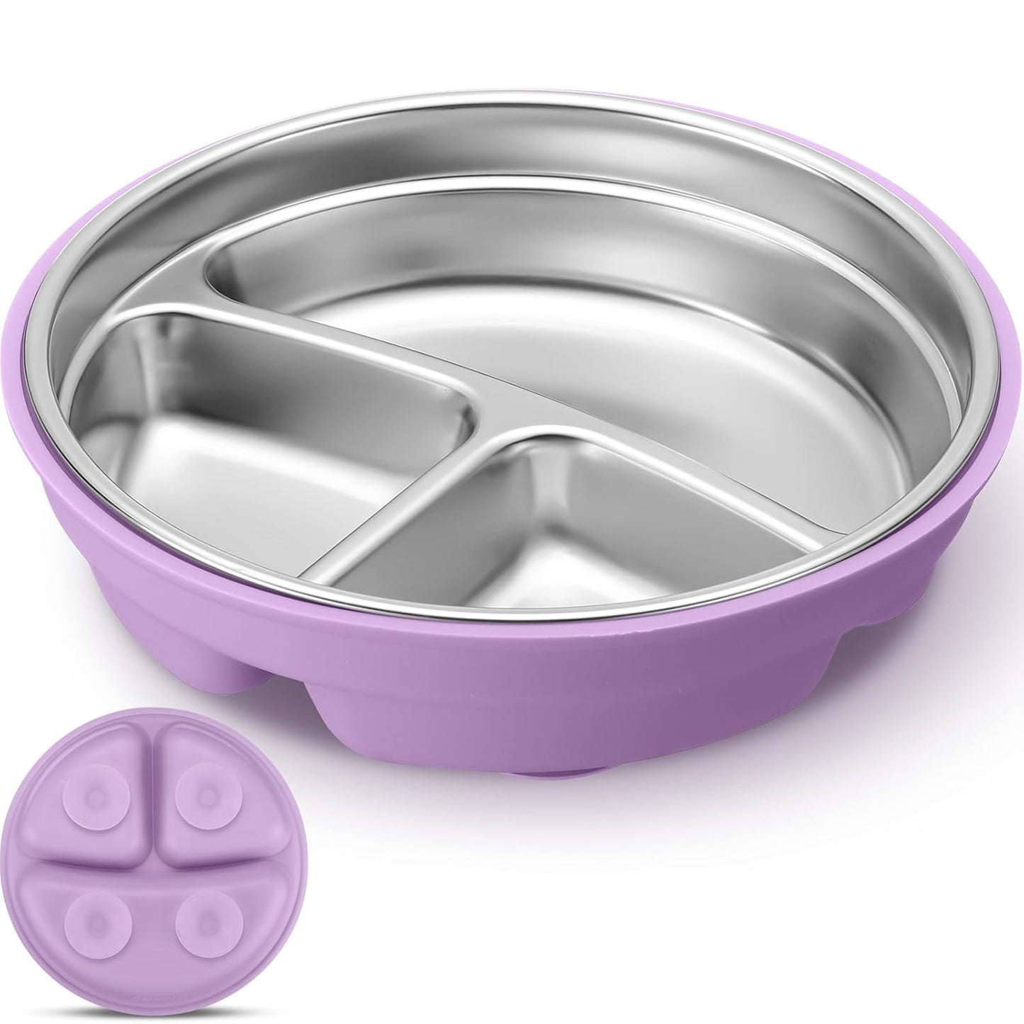 Nuogo 1 Pcs Stainless Steel Baby Suction Plates with Removable Silicone Shell 2-in-1 Metal Toddler Bowl Divided for Picky Eaters Kid Feeding Led Weaning Supply, Dishwasher Safe (Purple)