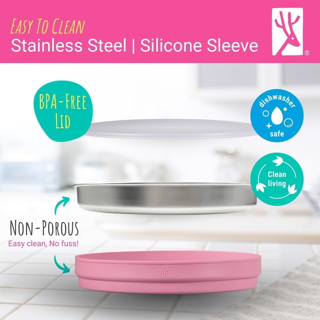 Stainless Steel Divided Plates + Silicone Sleeve and Storage Lid | Baby, Toddler, Kids | Dinner & Snack Plates | 2 Pack